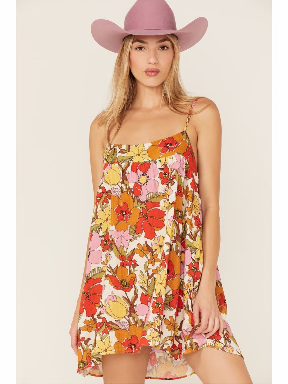 Show Me Your MuMu Floral Spaghetti-Strap Mini Dress in Pink, Red, Orange, Yellow